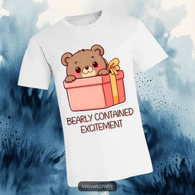 Funny Bear T-Shirt: A cute bear is caught peeking with excitement from behind a large gift box, embodying playful curiosity.