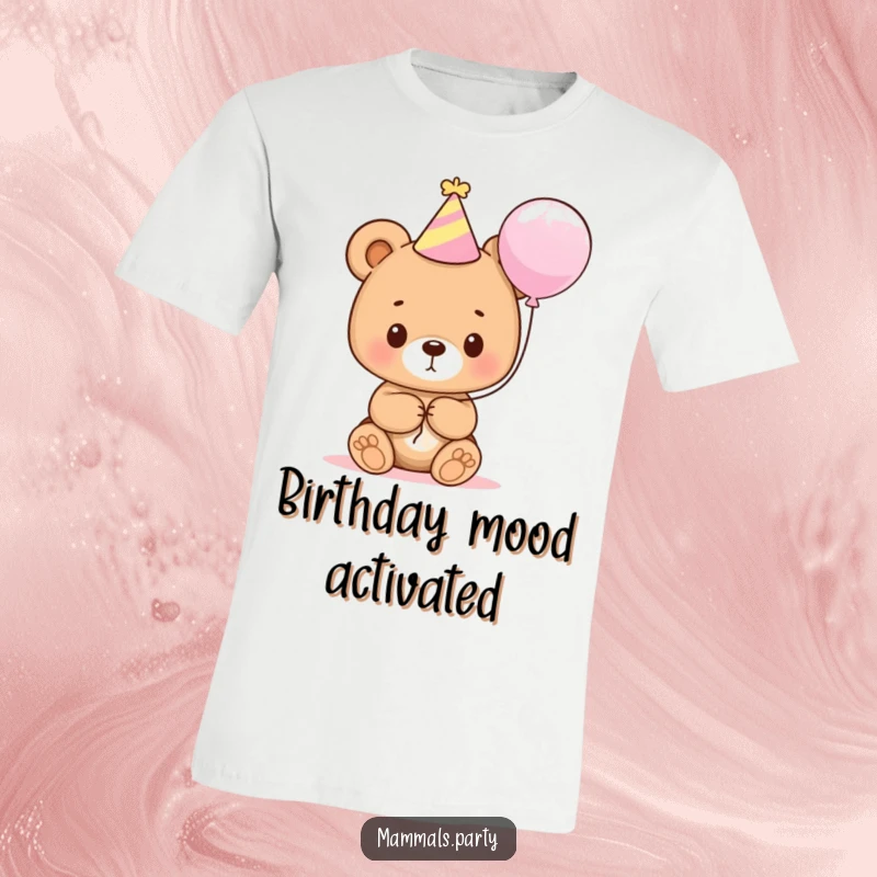 Funny bear cub wearing a party hat, cheerfully holding a bright balloon, ready for a celebration.