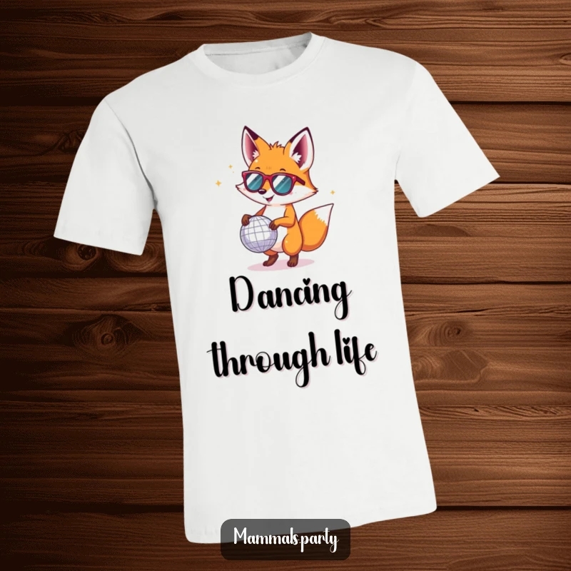 Funny, cool fox wearing tiny sunglasses, energetically dancing with a glittering disco ball, a true party starter.