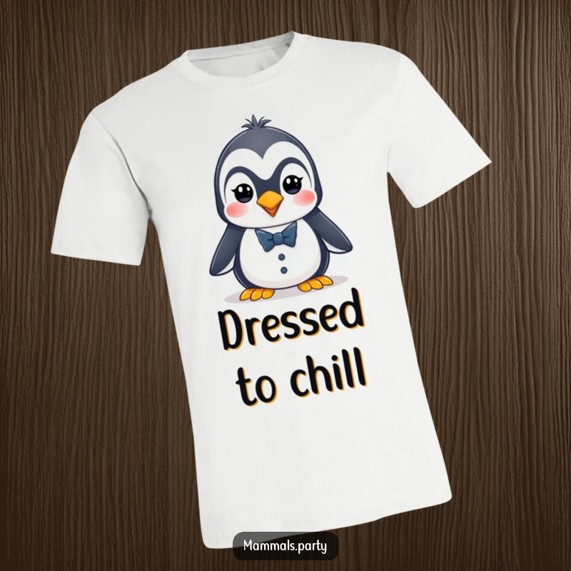 Funny penguin t-shirt with an energetic character wearing a tiny tuxedo, showcasing dapper and lively fashion.