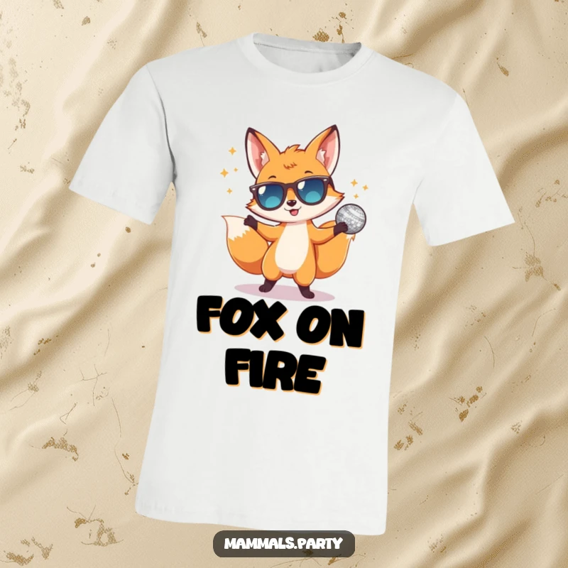Funny T-shirt with a happy fox wearing sunglasses, dancing enthusiastically under a disco ball, capturing the essence of a wild party.