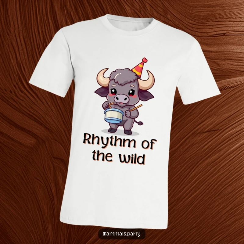 Funny buffalo wearing a party hat, enthusiastically playing air drums, on a humorous, music-themed t-shirt.