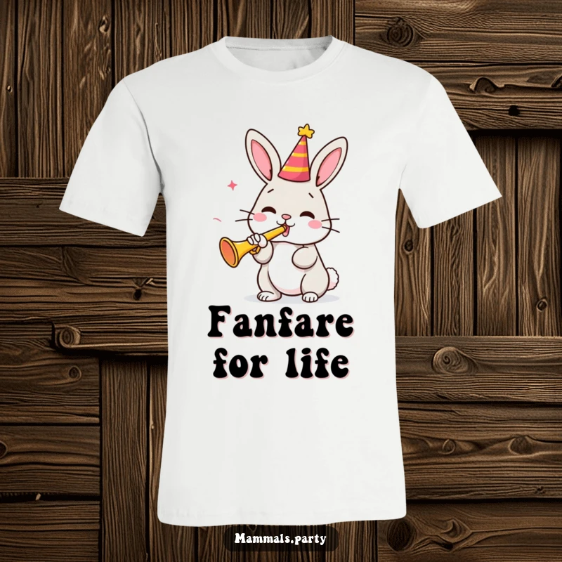 Funny bunny wearing a party hat, enthusiastically playing a tiny trumpet, capturing the spirit of a wild celebration, great funny gift.