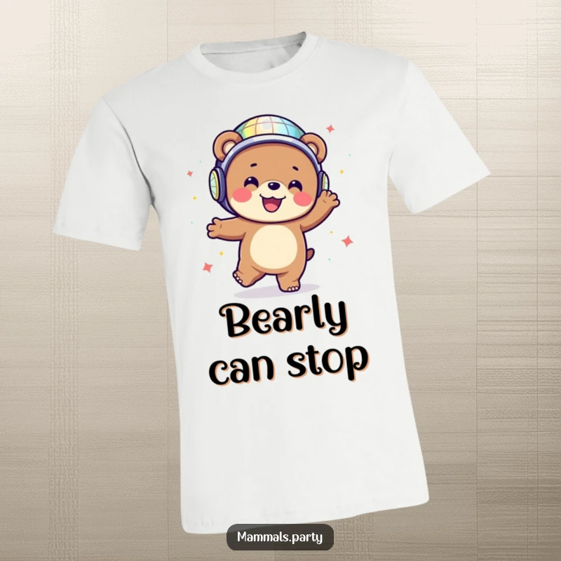 Happy bear wearing a disco ball helmet, dancing energetically on a t-shirt, embodying fun and rhythm.