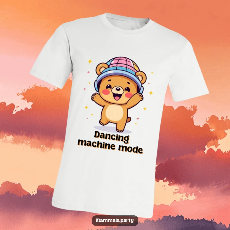 Funny t-shirt depicting a happy bear wearing a disco ball helmet and dancing with infectious energy, embodying retro fun.