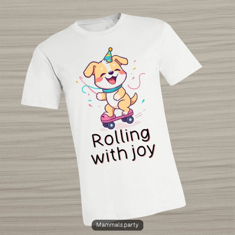 Funny Dog T-Shirt featuring a delighted dog with a party streamer, enthusiastically riding a roller skate, embodying pure, unadulterated fun.