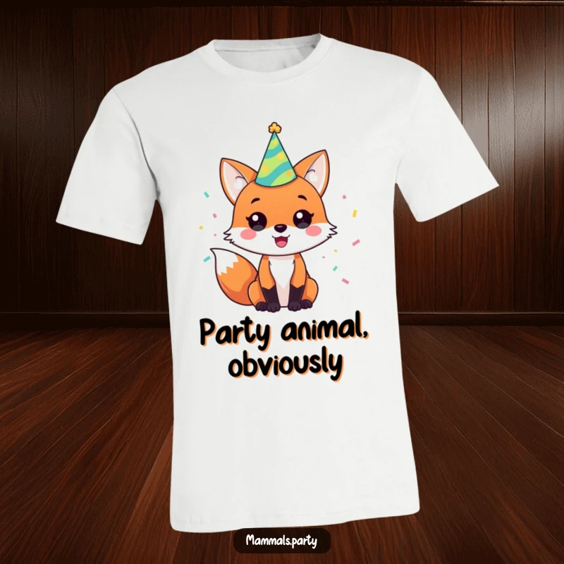 Funny t-shirt featuring a happy fox dressed in a party hat, with confetti raining down, embodying festive excitement.