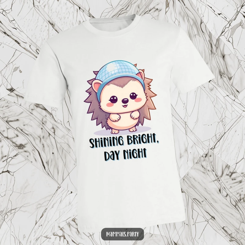 Funny Hedgehog T-Shirt: A kawaii hedgehog sports a tiny disco ball helmet, ready to shine and spread cheer.