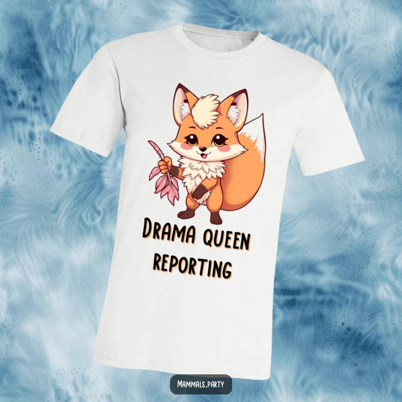 Funny kawaii fox in sunglasses and a feather boa striking a dramatic pose on a t-shirt, showcasing sass with humor.