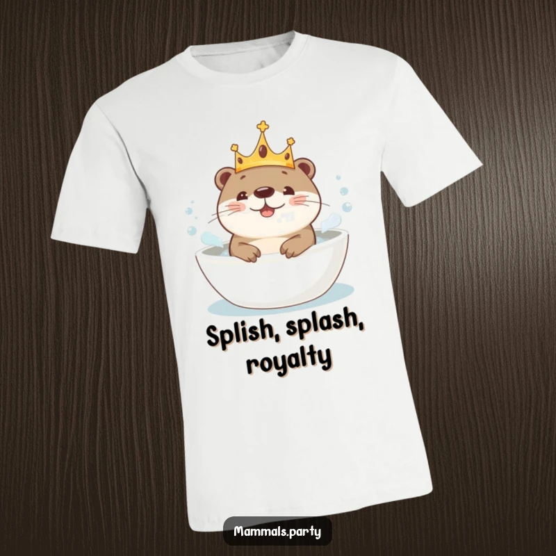 Funny Kawaii Otter wearing a crown, joyfully splashing water in a bubbly bath, a fun and relaxing t-shirt design.