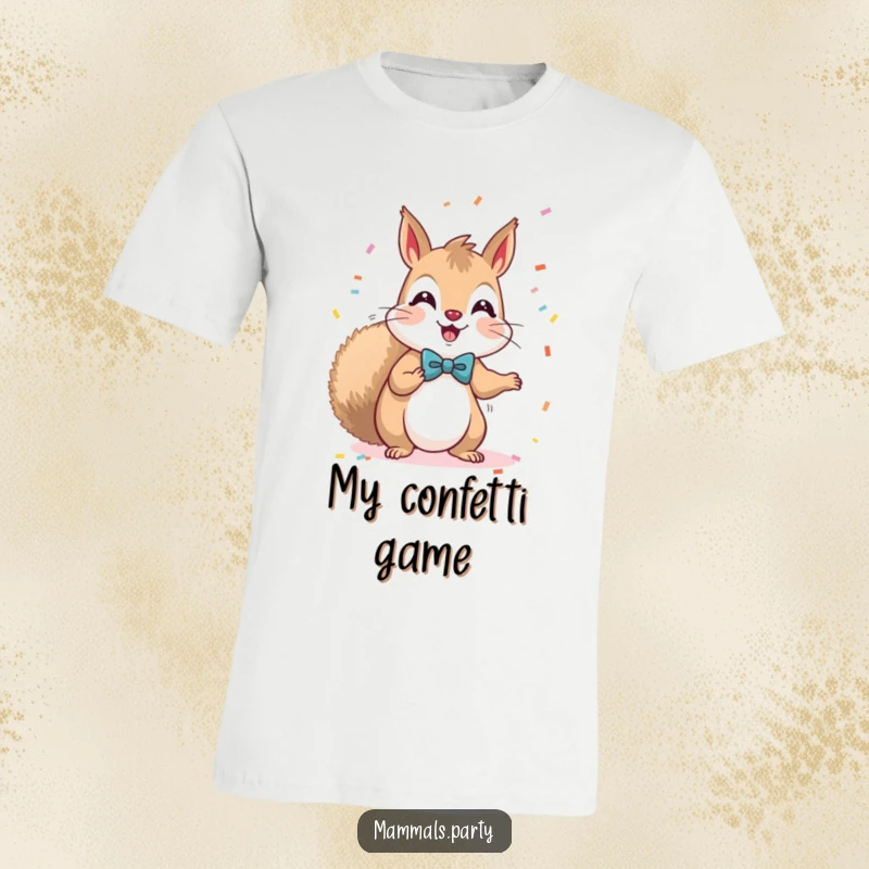 Funny Kawaii Squirrel wearing a bow tie, enthusiastically throwing confetti, expressing pure party cheer on a t-shirt.