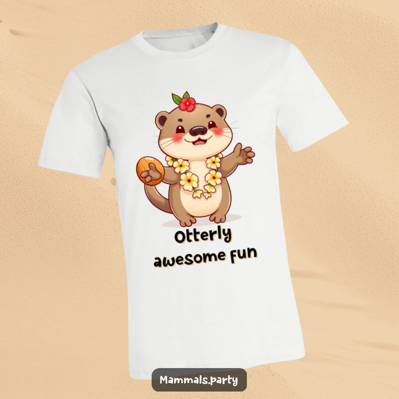 Funny T-shirt depicting a playful otter in a lei, juggling coconuts, embodying a joyful tropical vacation and lighthearted amusement.