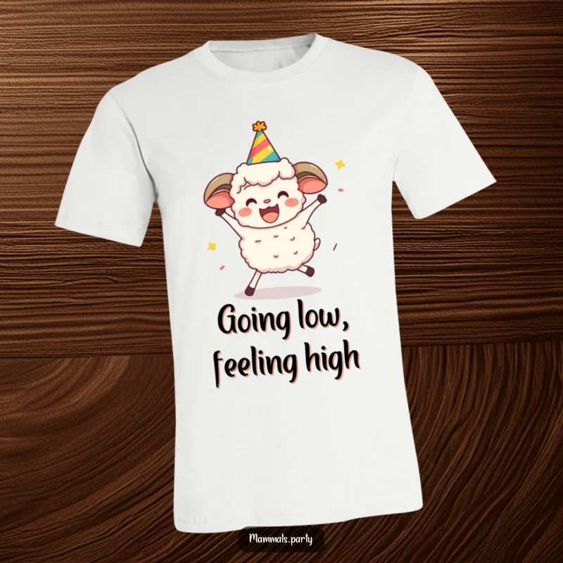 Funny sheep wearing a party hat, trying to limbo with a determined, excited expression, on a humorous t-shirt.