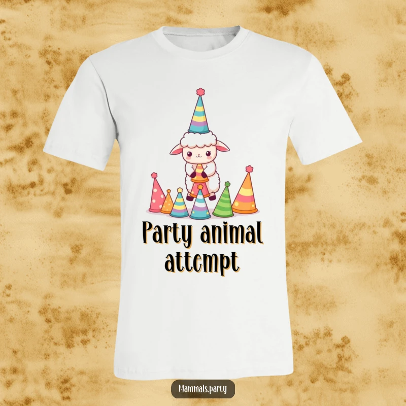 Funny Sheep T-Shirt: Adorable kawaii sheep precariously balancing a stack of party hats, depicting a funny, celebratory effort.