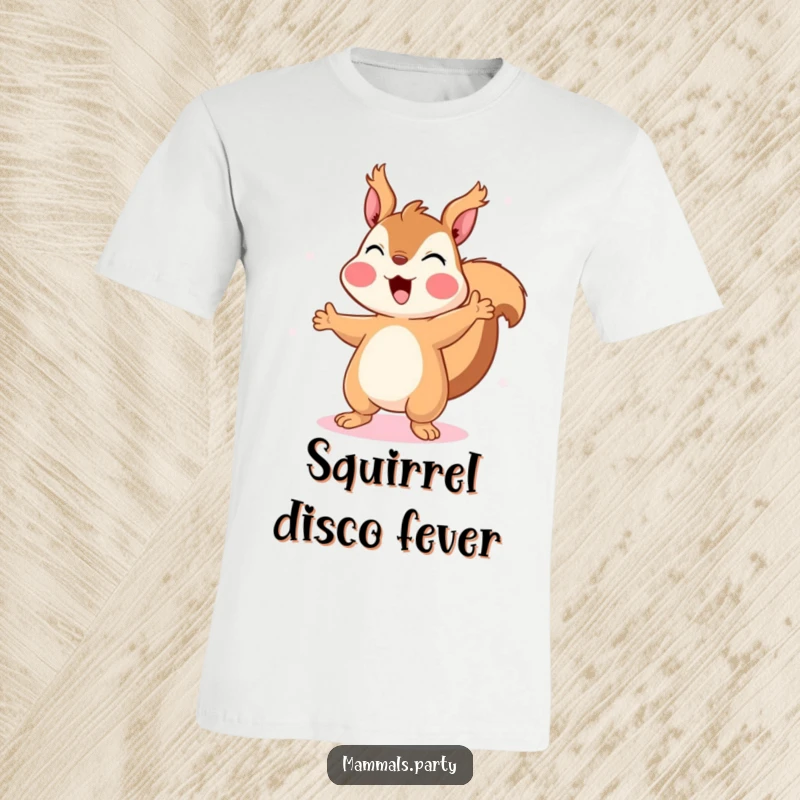 Funny Squirrel T-Shirt: A happy squirrel dances with abandon under vibrant disco lights, capturing a moment of pure, uninhibited joy.