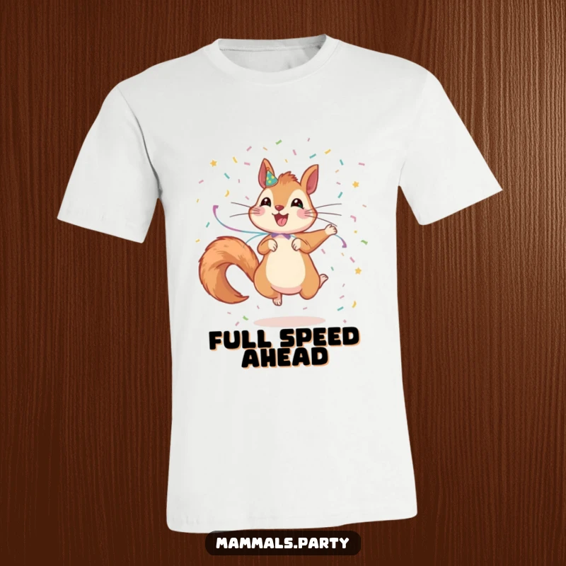Funny Squirrel T-Shirt: An excited squirrel adorned with streamers jumps enthusiastically, showering confetti everywhere.