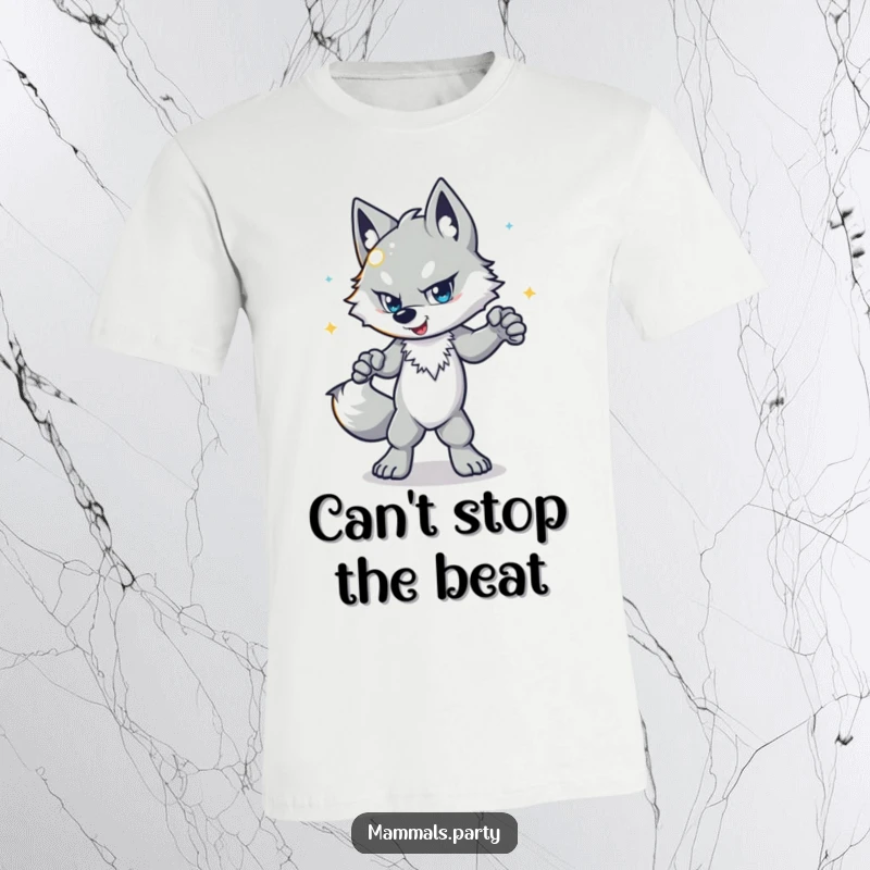 Funny wolf t-shirt with a determined character disco dancing enthusiastically with a shiny ball, embodying party spirit.