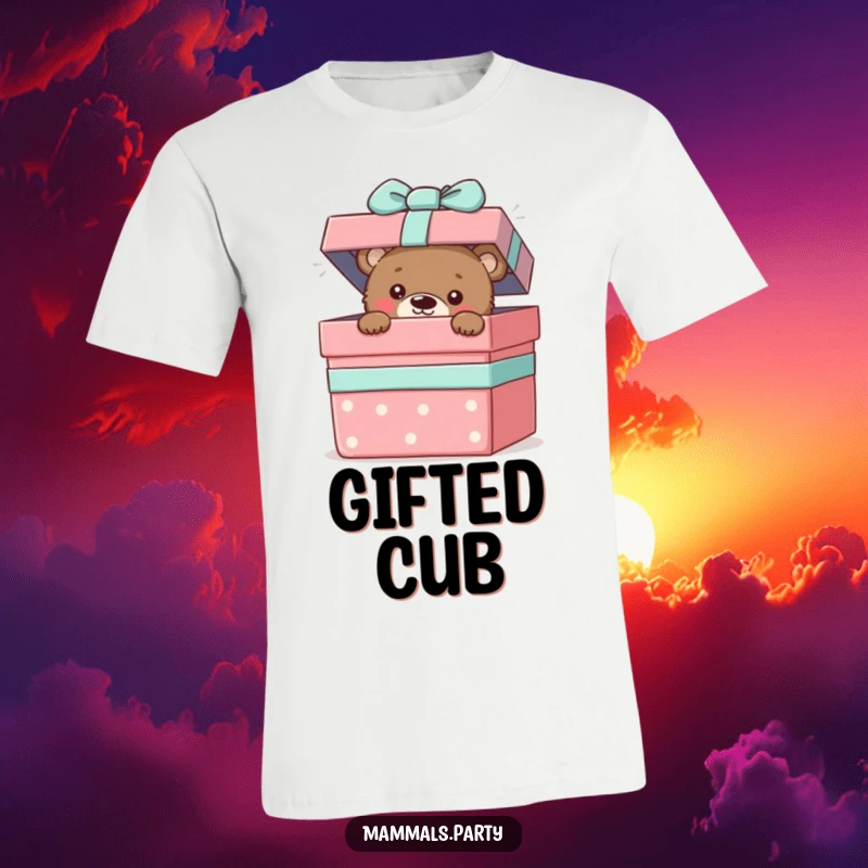 Funny t-shirt graphic of a curious bear cub peeking out from a large gift box, full of playful wonder.
