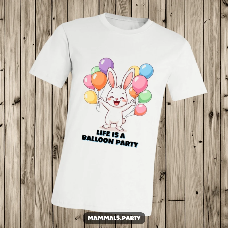 Funny T-shirt showing a happy bunny character expertly juggling a variety of colorful balloons, radiating pure delight.