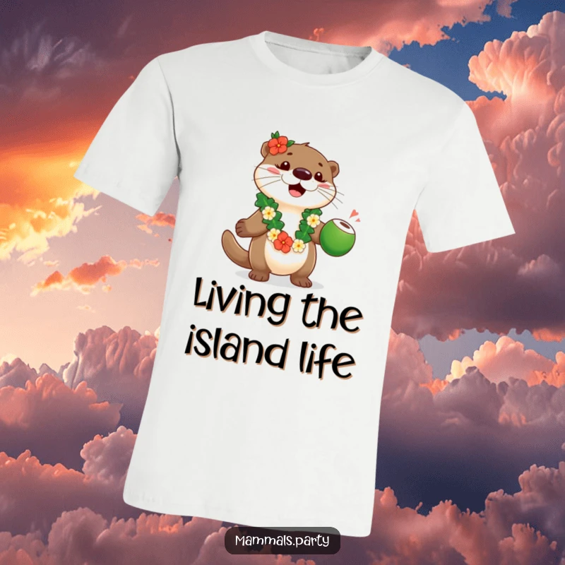 Funny, playful otter in a lei, juggling coconuts with ease, making a hilarious and tropical statement.