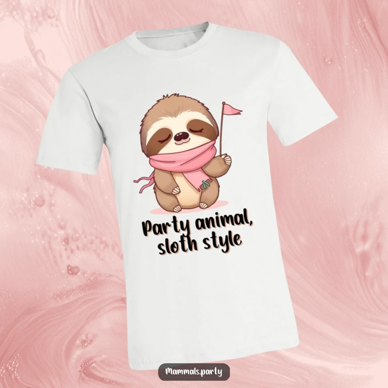 Funny t-shirt depicting a sleepy sloth adorned with a party streamer, gently waving a small flag.