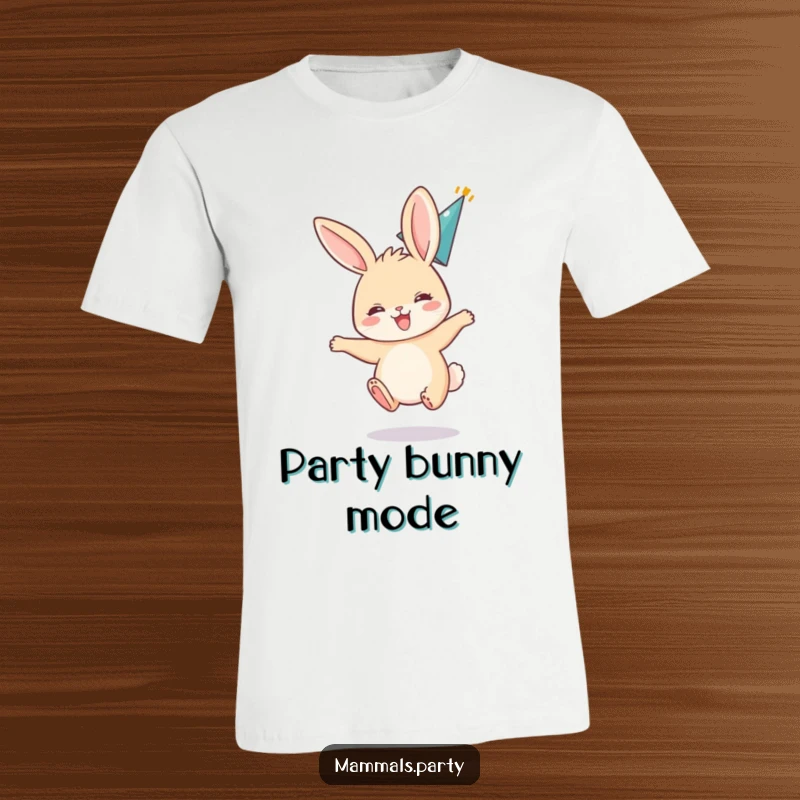 Funny t-shirt depicting an excited bunny bouncing with its ears back, sporting a jaunty party hat, embodying festive joy.