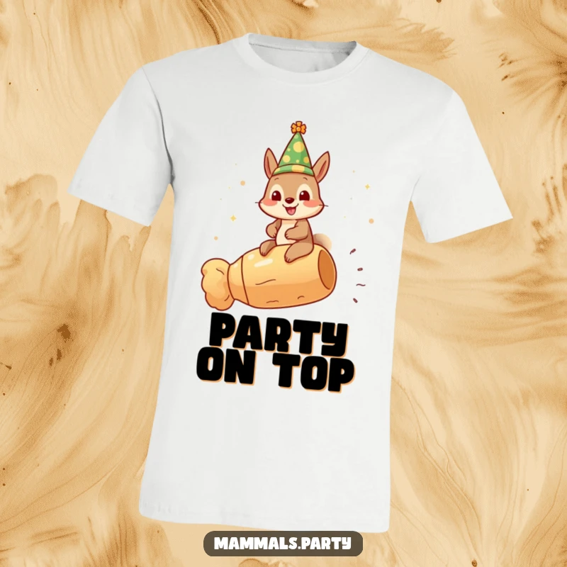 Funny gleeful squirrel t-shirt, wearing a festive hat and riding a champagne cork, a hilarious symbol of celebration.