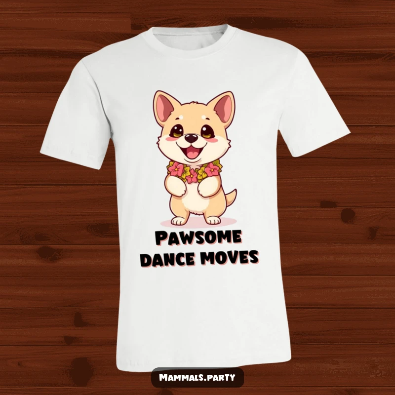 Funny kawaii dog with a lei, eyes bulging with excitement for a dance, printed on a t-shirt for humorous wear.