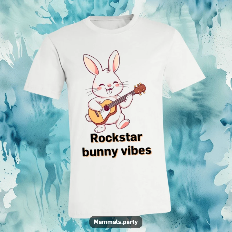 Funny T-shirt depicting a grinning rabbit joyfully playing a miniature guitar, embodying a passion for music and lighthearted fun.