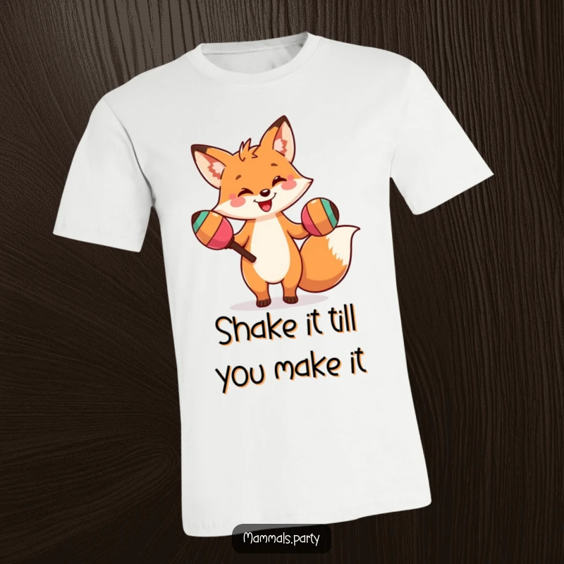 Funny T-shirt featuring a smiling fox character energetically doing a silly dance with oversized maracas, bringing joy and laughter.