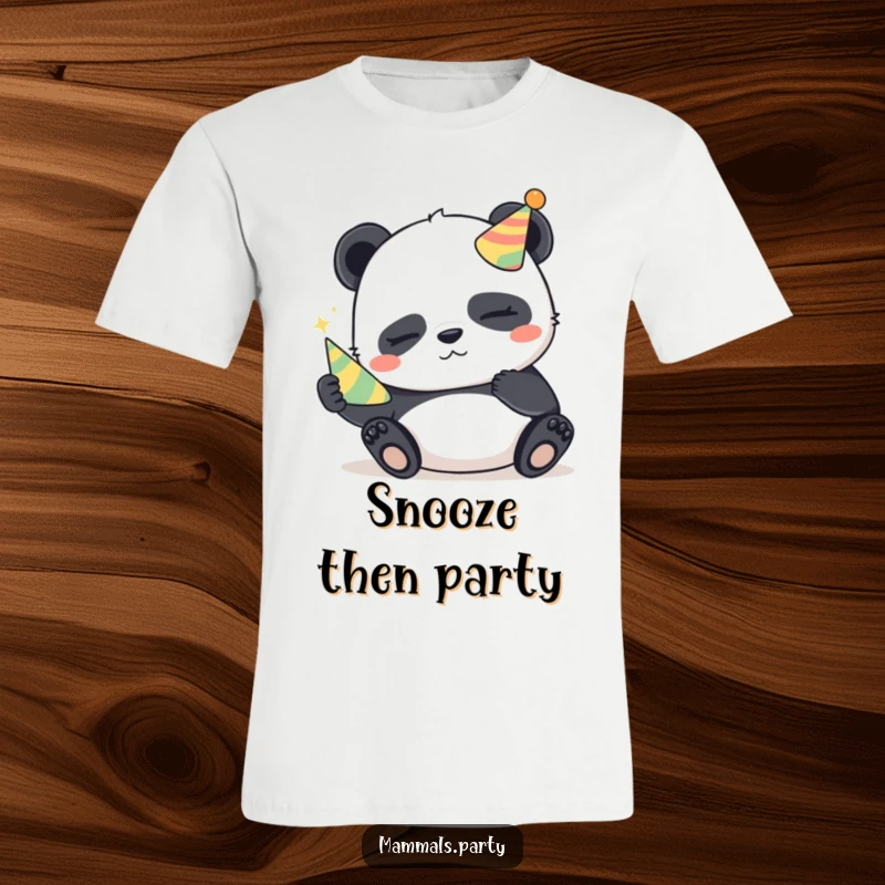 Funny Panda T-Shirt: A sleepy panda holds a small party horn, eyeing you with a mischievous glint, ready for low-key fun.