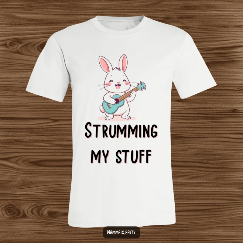 Funny, cheerful rabbit with a wide grin, playing a miniature guitar with gusto, making a delightful statement.