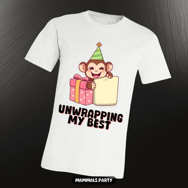 Funny Monkey T-Shirt featuring a happy monkey in a party hat, enthusiastically unwrapping a huge present, symbolizing pure joy and excitement.