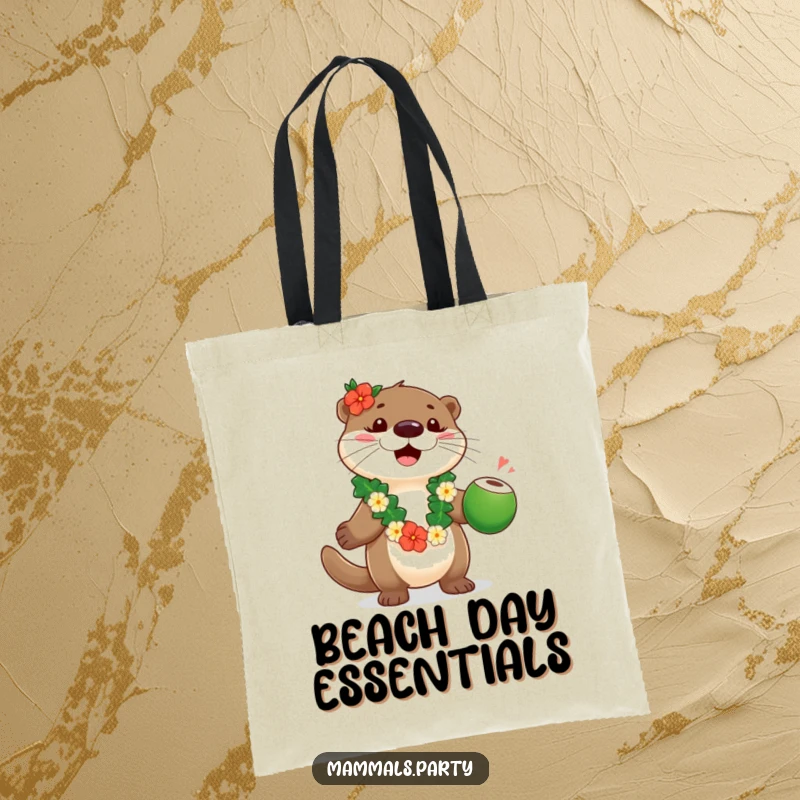 Funny otter wearing a lei, juggling coconuts, printed on a tote bag for carrying beach and everyday items.