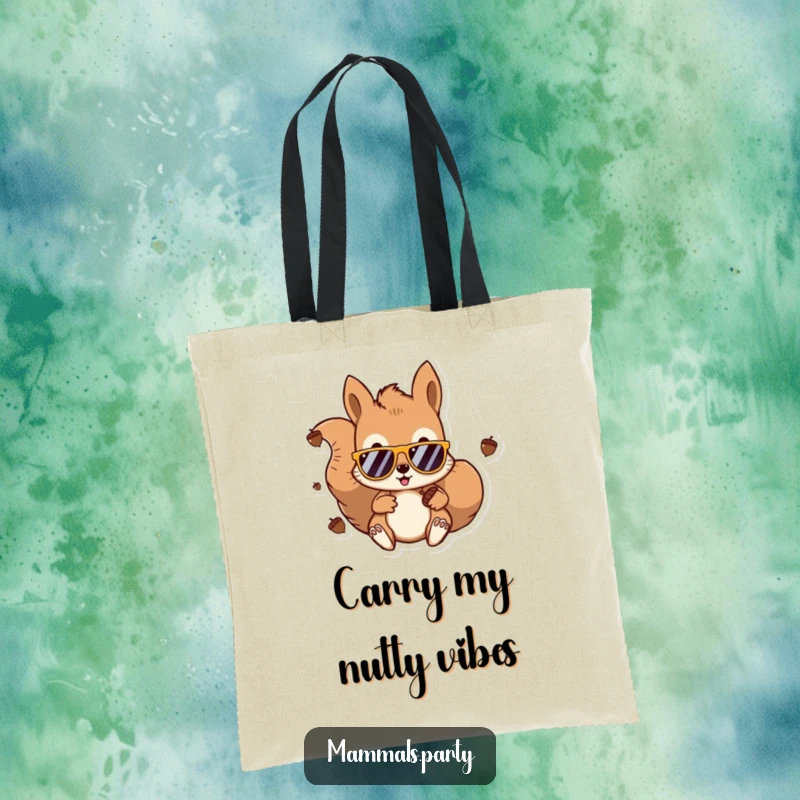 Funny Kawaii Squirrel DJ Tote Bag with a cool squirrel wearing sunglasses, spinning acorns. A humorous and practical gift for music fans.