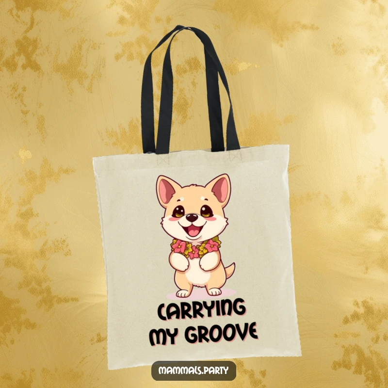 Funny kawaii dog in a lei, eyes wide with dance anticipation, on a tote bag for humorous and practical use.