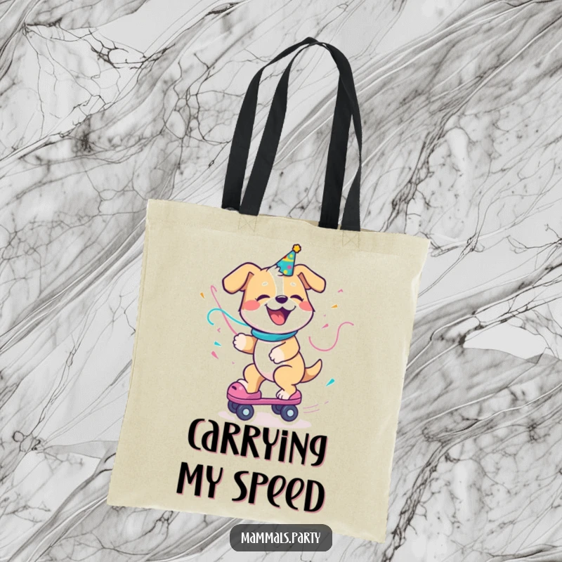 Funny Dog Tote Bag featuring a delighted dog with a party streamer, enthusiastically riding a roller skate, ready for any adventure.