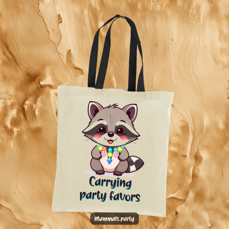 Funny raccoon tote bag showing a giggling character with a flashing party necklace, perfect for carrying essentials with flair.