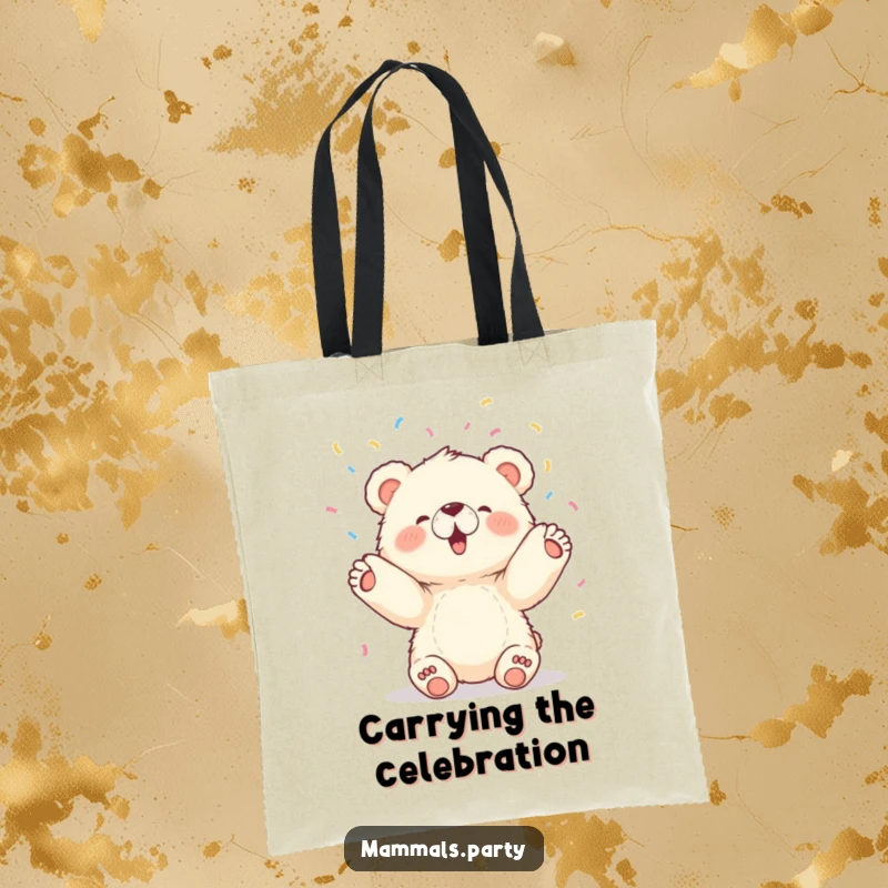 Funny tote bag with a fluffy bear cub character joyfully throwing confetti upwards with its paws, perfect for carrying party essentials.