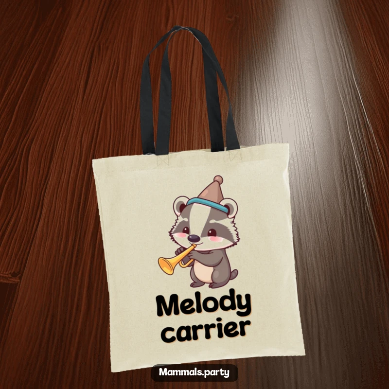 Funny tote bag with a smiling badger wearing a silly hat, playing a trumpet, radiating cheerful energy.