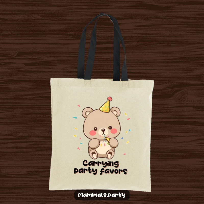 Funny bear tote bag showcasing a cute character in a party hat, blowing confetti, perfect for carrying essentials with cheer.