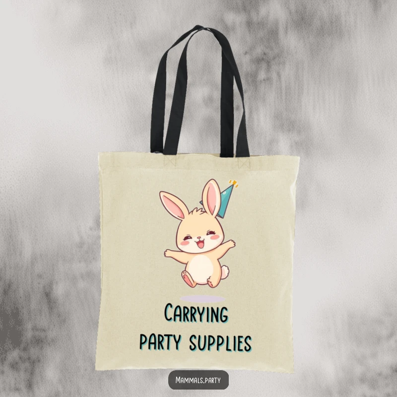 Funny tote bag with an excited bunny character bouncing with ears back, wearing a party hat, perfect for carrying party supplies.