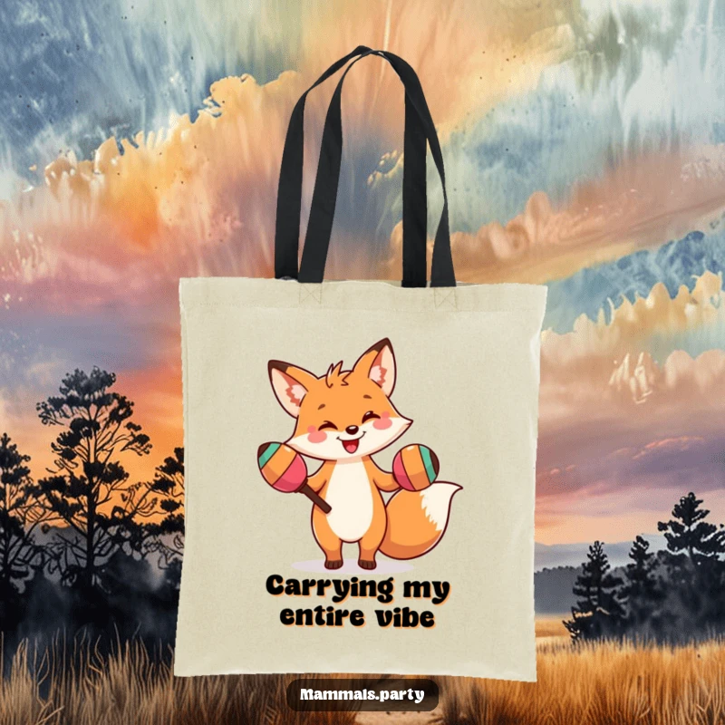 Funny tote bag featuring a smiling fox character doing a silly dance with oversized maracas, ideal for carrying items with humor.