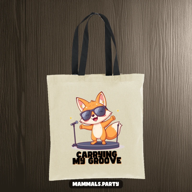 Funny fox character in sunglasses dancing energetically on a small stage, featured on a tote bag, perfect for carrying essentials with flair.