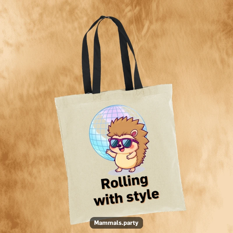 Funny Hedgehog Tote Bag: A cool hedgehog with sunglasses dances with a disco ball, making it a stylish and fun carry-all.