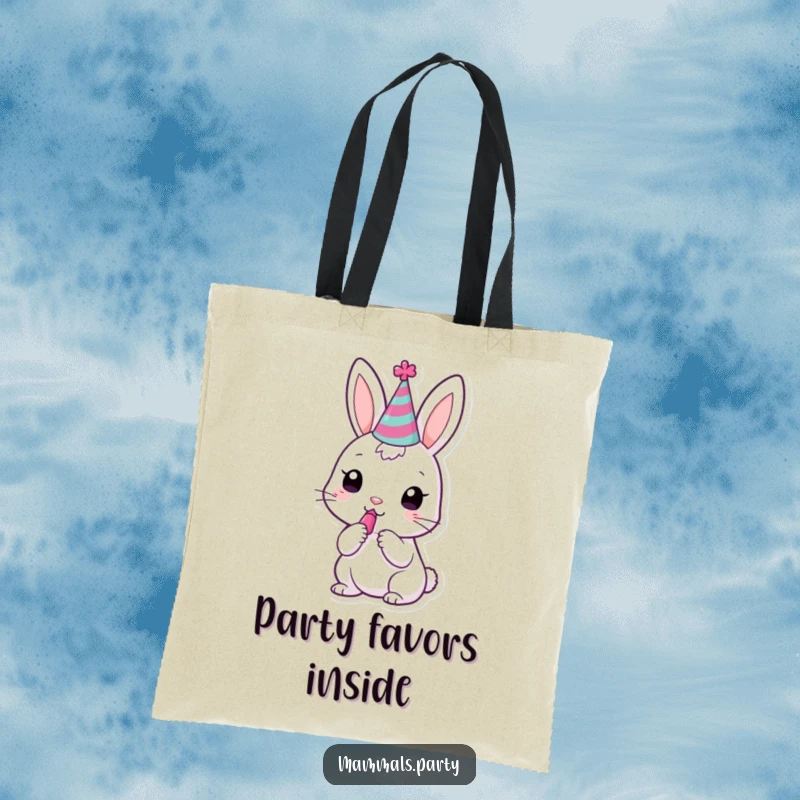 Funny kawaii bunny in a party hat, trying to blow a noisemaker, on a durable tote bag.