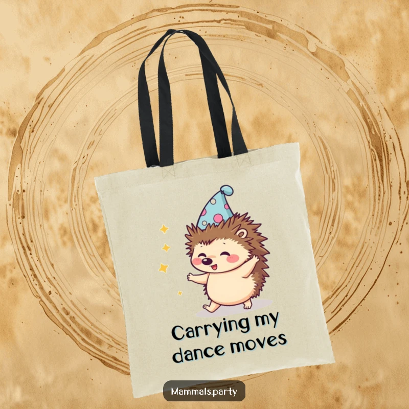 Funny Kawaii Hedgehog wearing a silly hat, doing a clumsy dance, a tote bag for carrying essentials with a playful twist.