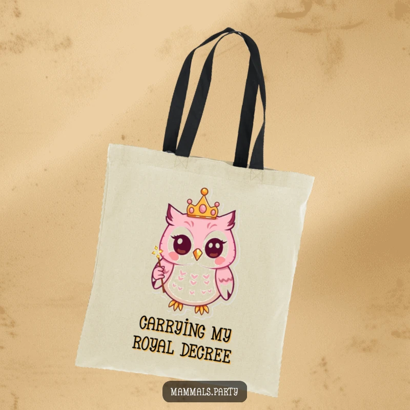 Funny tote bag featuring a kawaii owl wearing a tiny crown, holding a sparkling wand, perfect for carrying belongings with magical charm.