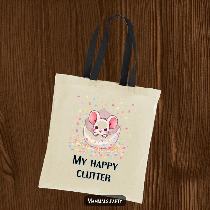 Funny Mouse Tote Bag: A kawaii mouse peeks from a burst of confetti, ready to carry your essentials with playful energy.