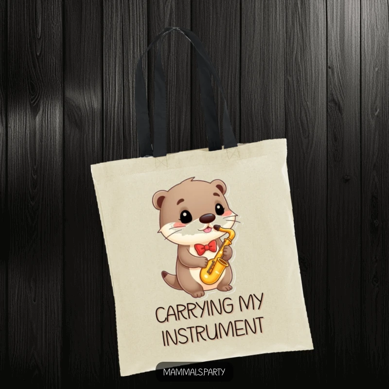 Funny Tote Bag depicting a sophisticated otter in a bowtie, playing a small saxophone, an adorable and humorous accessory.